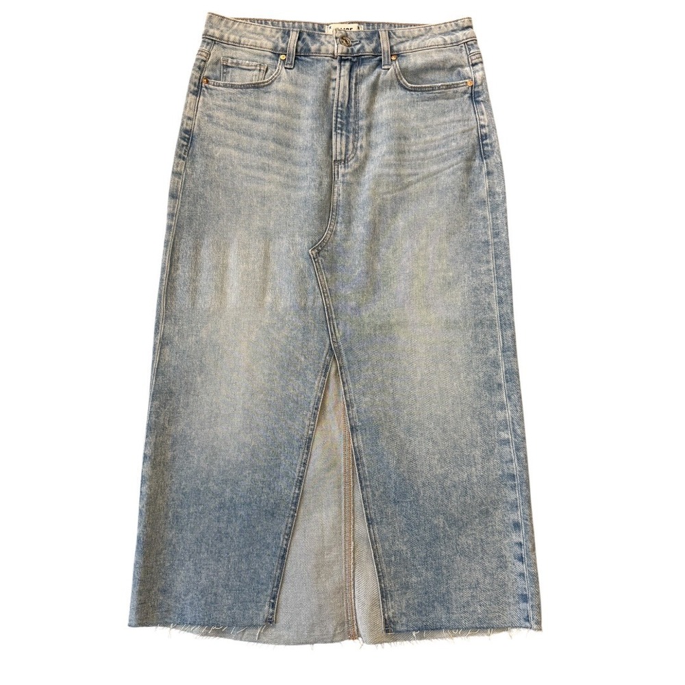 PAIGE Cori Distressed Denim Midi Skirt Light Wash Blue Raw Hem Front Slit 6 28